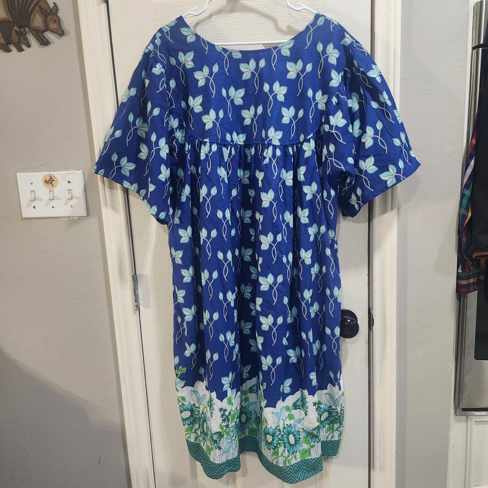 Easy Essentials Blue Floral Cotton Muumuu House Dress Pockets Plus Size 3X - Picture 6 of 8
